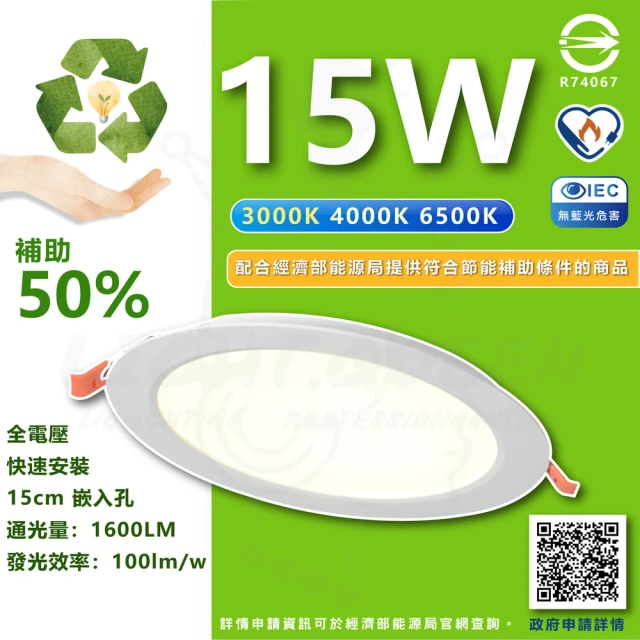 節能標章 6入組 15W LED崁燈 15cm嵌入孔 省電崁燈(附快速接頭好安裝)