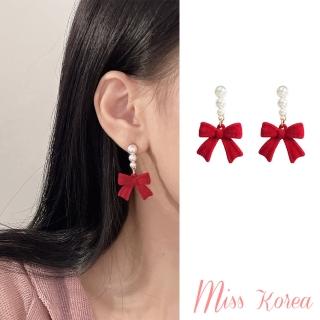 【MISS KOREA】S925銀針耳環 蝴蝶結耳環/韓國設計S925銀針浪漫珍珠植絨蝴蝶結造型耳環(2色任選)