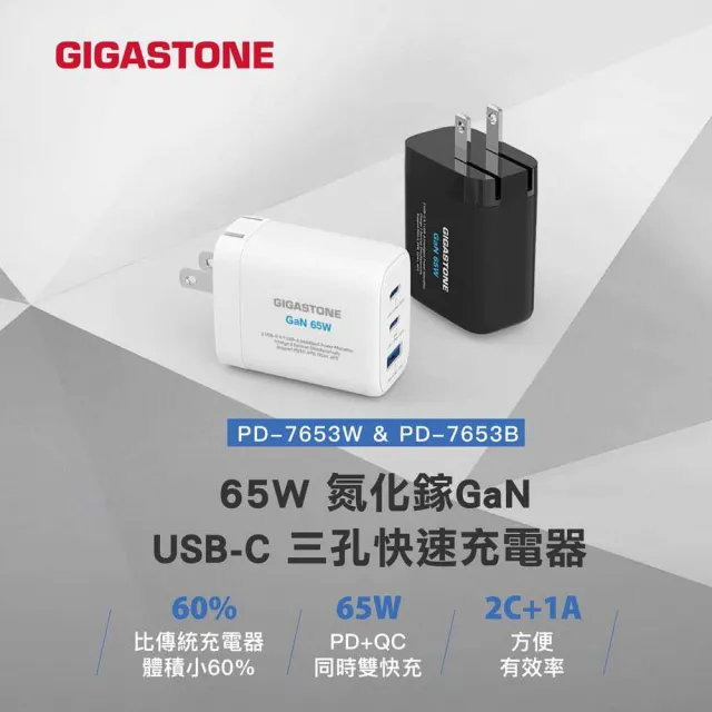 【Gigastone 立達國際】65W PD GaN氮化鎵 三孔2C1A 快充充電器(PD-7653)