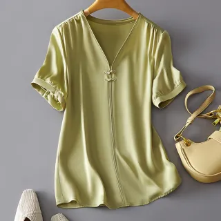 【初色】法式V領復古素色寬鬆短袖T恤上衣女上衣-綠色-68401(M-2XL可選/快速出貨)