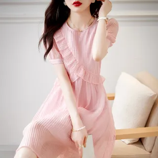 【初色】清涼感圓領短袖荷葉邊素色收腰顯瘦中長裙連身裙洋裝-粉紅色-69109(M-2XL可選/快速出貨)
