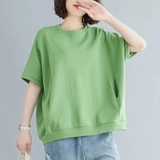 【初色】現貨 簡約純色圓領中大碼蝙蝠袖短袖T恤上衣女上衣-綠色-69066(L/XL可選/快速出貨)