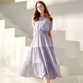 【IENA】蕾絲袖蛋糕裙襬洋裝(#4274002 洋裝 粉卡色/灰色)