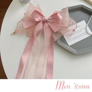【MISS KOREA】紗花髮夾 蝴蝶結髮夾/韓國設計浪漫緞帶紗花大蝴蝶結珍珠墜帶造型髮夾 彈簧夾(4色任選)