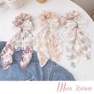 【MISS KOREA】蕾絲髮圈 蝴蝶結髮圈/韓國設計浪漫碎花蕾絲蝴蝶結綁髮大腸圈 髮繩 髮圈(3色任選)