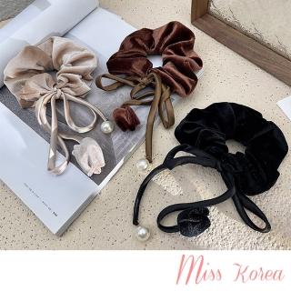 【MISS KOREA】珍珠髮圈 蝴蝶結髮圈/韓國設計立體花朵珍珠蝴蝶結氣質絲絨大腸圈 髮圈 髮繩(3色任選)