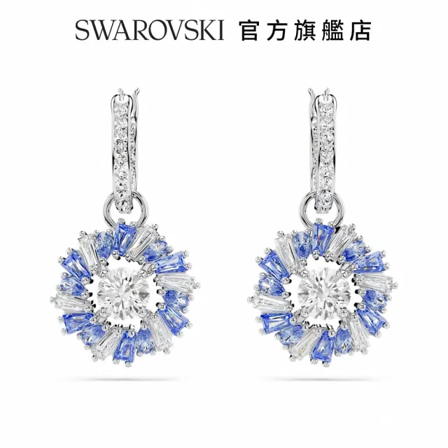 【SWAROVSKI 官方直營】Idyllia 水滴形耳環 花朵 藍色 鍍白金色