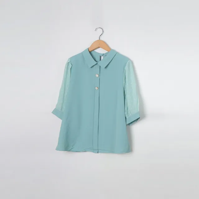 【MASTINA】拼接雪紡氣質短袖襯衫(深藍 粉 綠)