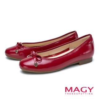 【MAGY】蝴蝶結真皮圓頭平底鞋(紅色)