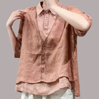 【初色】現貨 夏季薄款假兩件翻領五分袖短袖排扣襯衫上衣-共4色-68459(M-2XL可選/快速出貨)