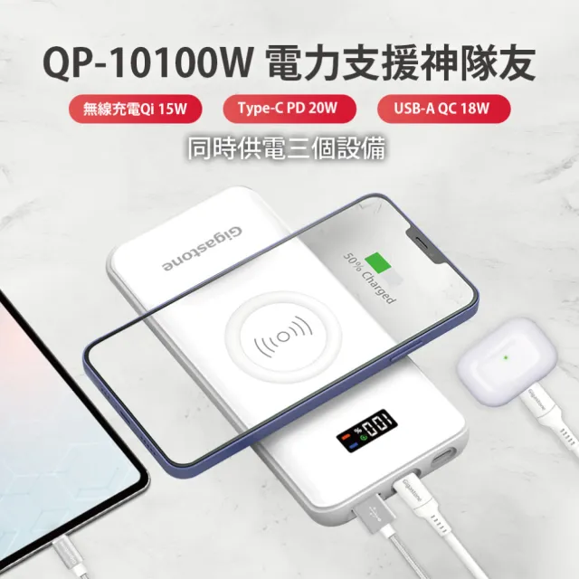 【GIGASTONE 立達】QP-10100W 10000mAh 3合1 PD/QC3.0 15W無線快充行動電源(20W支援iPhone15/14/13/12)