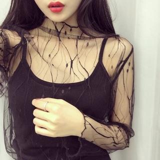 【D.studio】韓版小性感黑色網紗透視上衣(網紗上衣 夜店裝 薄紗上衣 內搭透膚上衣 T153)