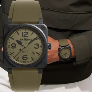 【Bell&Ross】BR03軍風啞光陶瓷方形機械腕錶-41mm綠 戶外 春遊(BR03A-MIL-CE/SRB)