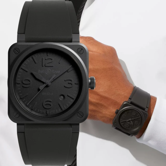 Bell&Ross BR03黑色啞光陶瓷方形機械腕錶-41m