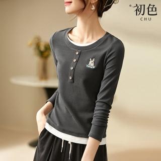 【初色】假兩件兔子刺繡休閒百搭圓領長袖T恤女上衣-深灰色-32723(M-2XL可選)