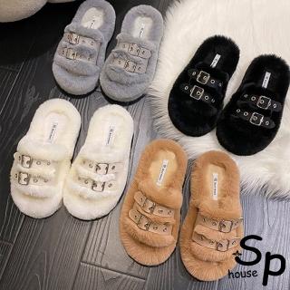 【Sp house】皮帶鉚釘一字毛毛厚底棉拖鞋(4色可選)