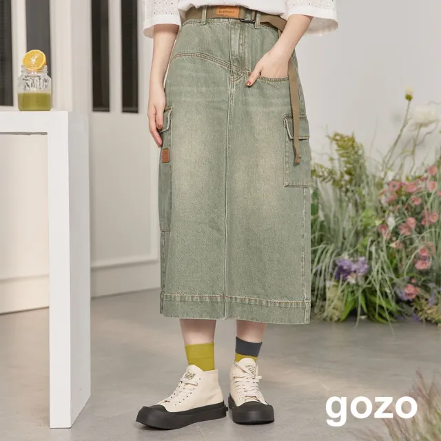 【gozo】皮標曲線剪接工裝牛仔裙(兩色)