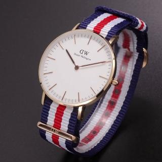 【Daniel Wellington】Daniel Wellington帆布風格時尚腕錶藍白紅+玫瑰金-36mm-DW00100030