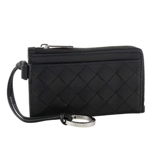 【BOTTEGA VENETA 寶緹嘉】L 型銀色拉鍊小牛皮編織附鑰匙釦卡包/零錢包(黑色)