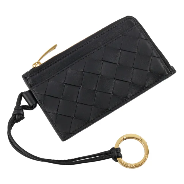 【BOTTEGA VENETA 寶緹嘉】L 型金色拉鍊小羊皮編織附鑰匙釦卡包/零錢包(黑色)