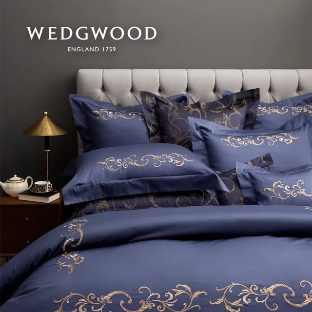 【WEDGWOOD】400織長纖棉刺繡 被套枕套床包四件組-豐饒之角(加大-深藍)