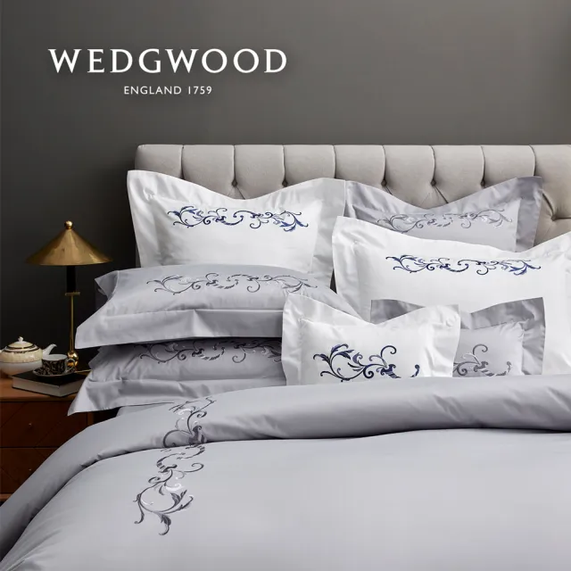 【WEDGWOOD】400織長纖棉刺繡 被套枕套床包四件組-豐饒之角(加大-灰)