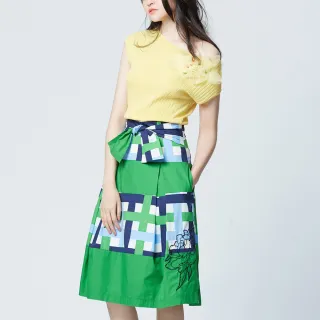 【iROO】春夏藍綠撞色綁帶傘擺女人設計中長裙