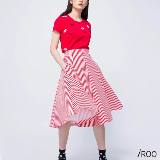 iROO 細條紋鬆糕式長裙折扣推薦