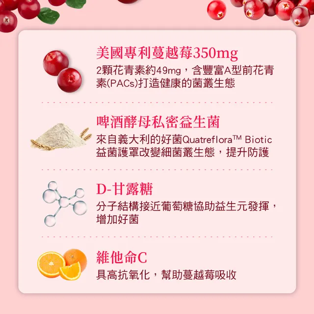 【普婷美】蔓越莓益生菌+D-甘露糖1罐60顆裝(前花青素高達49mg+維他命C)
