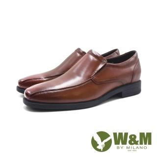 【W&M】男 小方圓直套懶人款線條皮鞋 男鞋(刷染棕)