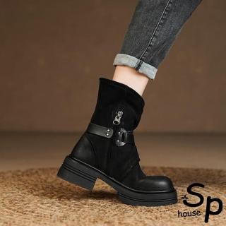 【Sp house】粗綁帶厚底馬丁機中圓頭短筒靴鞋(2色可選)