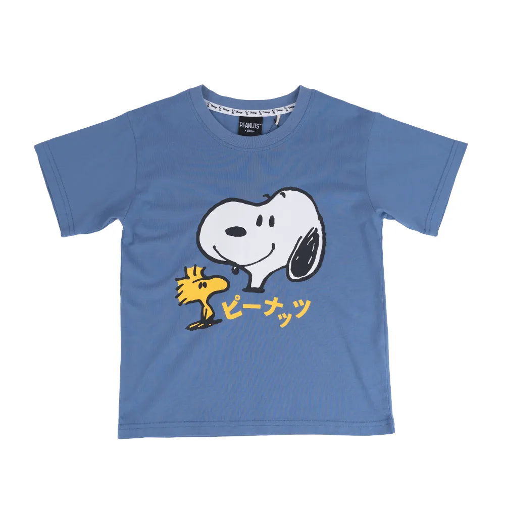 【SNOOPY 史努比】史努比大微笑兒童圓領短T(藍色/麻白色)