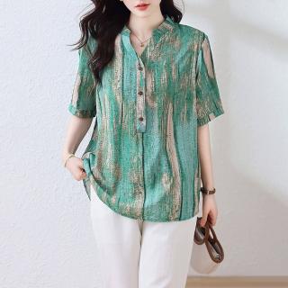 【ALLK 歐楷】滿額再折 長版印花貼鑽上衣 豆綠色(尺寸L-3XL/中大尺碼/涼爽/透氣)