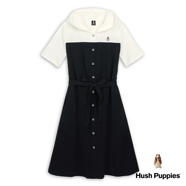 Hush Puppies 女裝 洋裝 拼接假兩件連帽綁帶休閒洋裝(丈青 / 43215104)