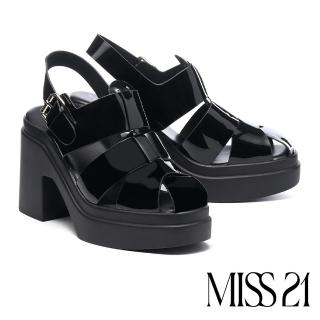 【MISS 21】微酸率性少女牛漆皮簍空方釦水臺高跟涼鞋(黑)