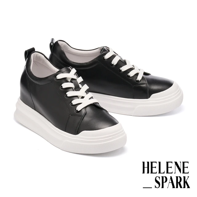 HELENE_SPARK 簡約率性純色全真皮綁帶厚底休閒鞋(黑)