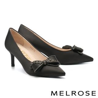 【MELROSE】美樂斯 高雅氣質晶鑽蝴蝶結絲布尖頭高跟鞋(黑)