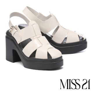 【MISS 21】微酸率性少女牛漆皮簍空方釦水臺高跟涼鞋(米白)