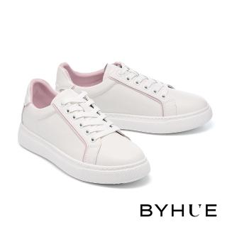 【BYHUE】率性舒適撞色牛皮綁帶軟芯厚底休閒鞋(粉)