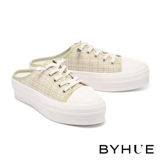 【BYHUE】氣質韓系毛呢軟芯懶人厚底休閒穆勒拖鞋(綠)