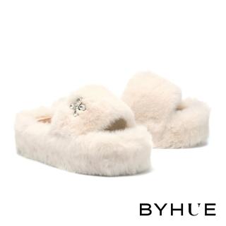 【BYHUE】慵懶舒適花朵水鑽毛毛軟芯厚底拖鞋(米白)