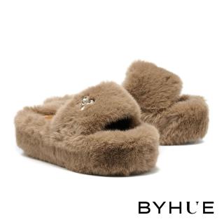 【BYHUE】慵懶舒適花朵水鑽毛毛軟芯厚底拖鞋(杏)