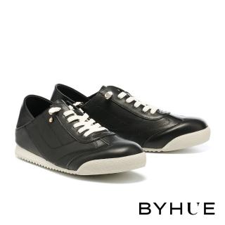 【BYHUE】日常純色牛皮彈力鞋帶牛皮軟芯厚底休閒鞋(黑)