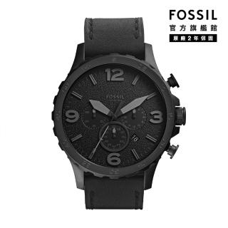 【FOSSIL 官方旗艦館】Nate 粗曠美式風格三眼男錶 黑色真皮皮革錶帶 指標手錶 50MM JR1354