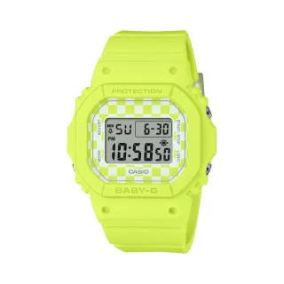 【CASIO 卡西歐】滑板文化格子旗圖案時方形時尚腕錶 螢光黃 37.9mm(BGD-565GS-9)