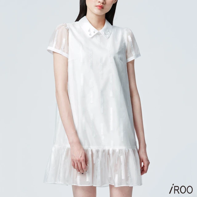 iROO 黑白格紋花花修身經典設計無袖短洋評價推薦