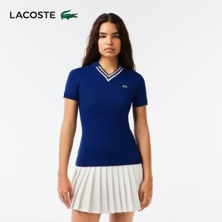 【LACOSTE】女裝-修身款V領彈性短袖Polo衫(藍色)