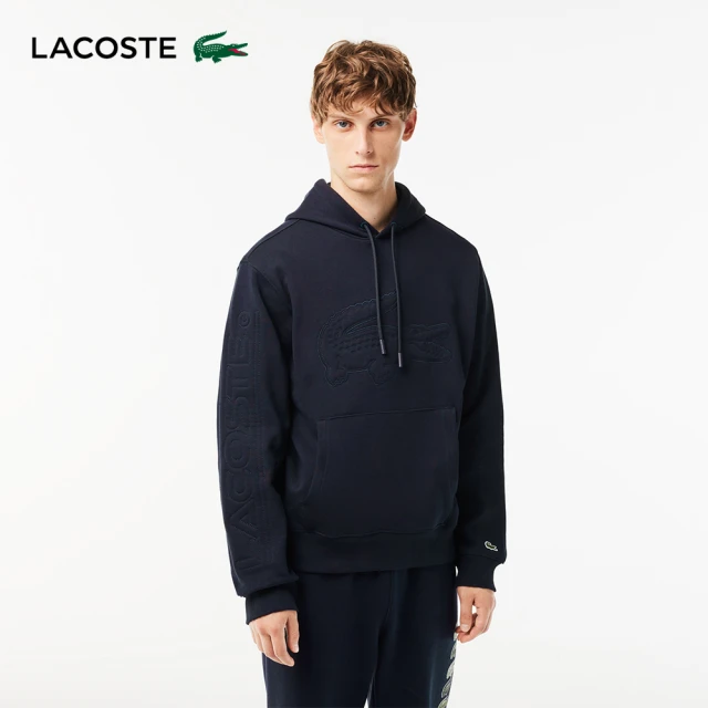【LACOSTE】男裝-XL尺寸鱷魚帽T(黑色)