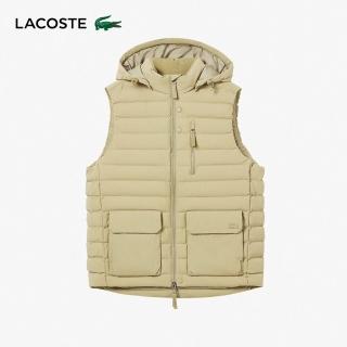 【LACOSTE】男裝-連帽素色羽絨背心外套(卡其色)