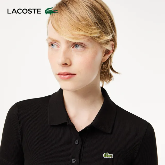 【LACOSTE】女裝-L.12.D 修身羅紋棉質短袖Polo衫(黑色)